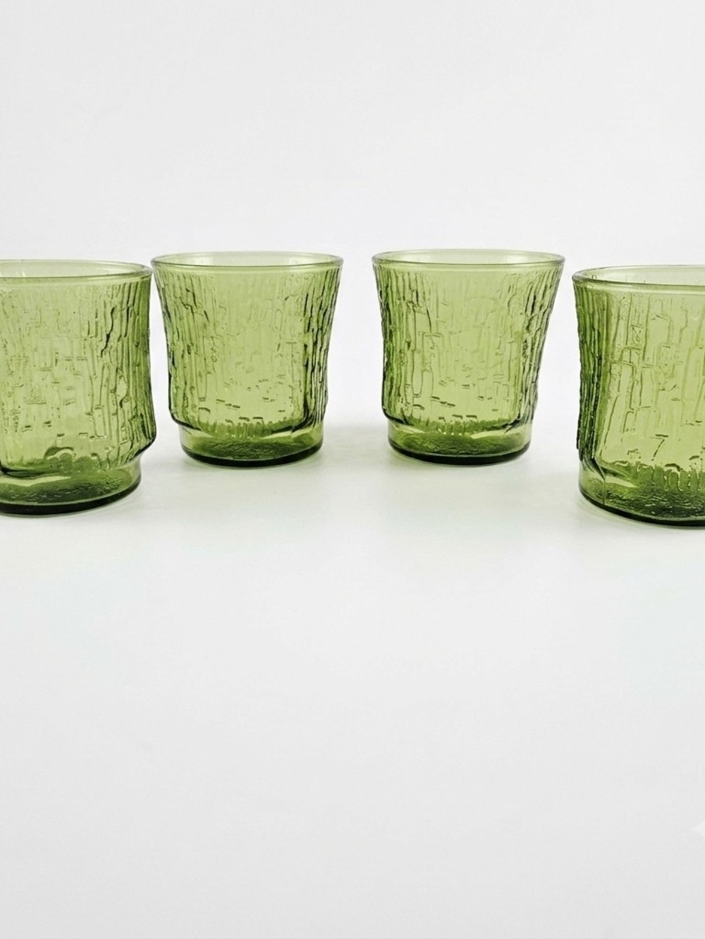 Vintage Avocado Green Textured Bark Glass Tumblers Set of 4